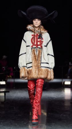 These red thigh-high boots and fur-trimmed coat were a homage to the brand's archive, with a similar look first modeled by Björk in 1994.
