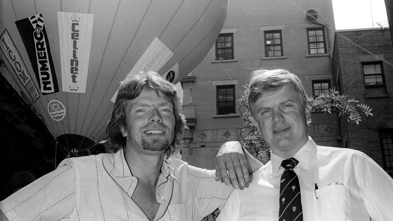 Richard Branson and Per Lindstrand attend a press conference to announce their 'Trans Atlantic Balloon Challenge' attempt to cross the Atlantic Ocean in the 'Virgin Atlantic Flyer' hot air balloon on May 12, 1987 in New York City.