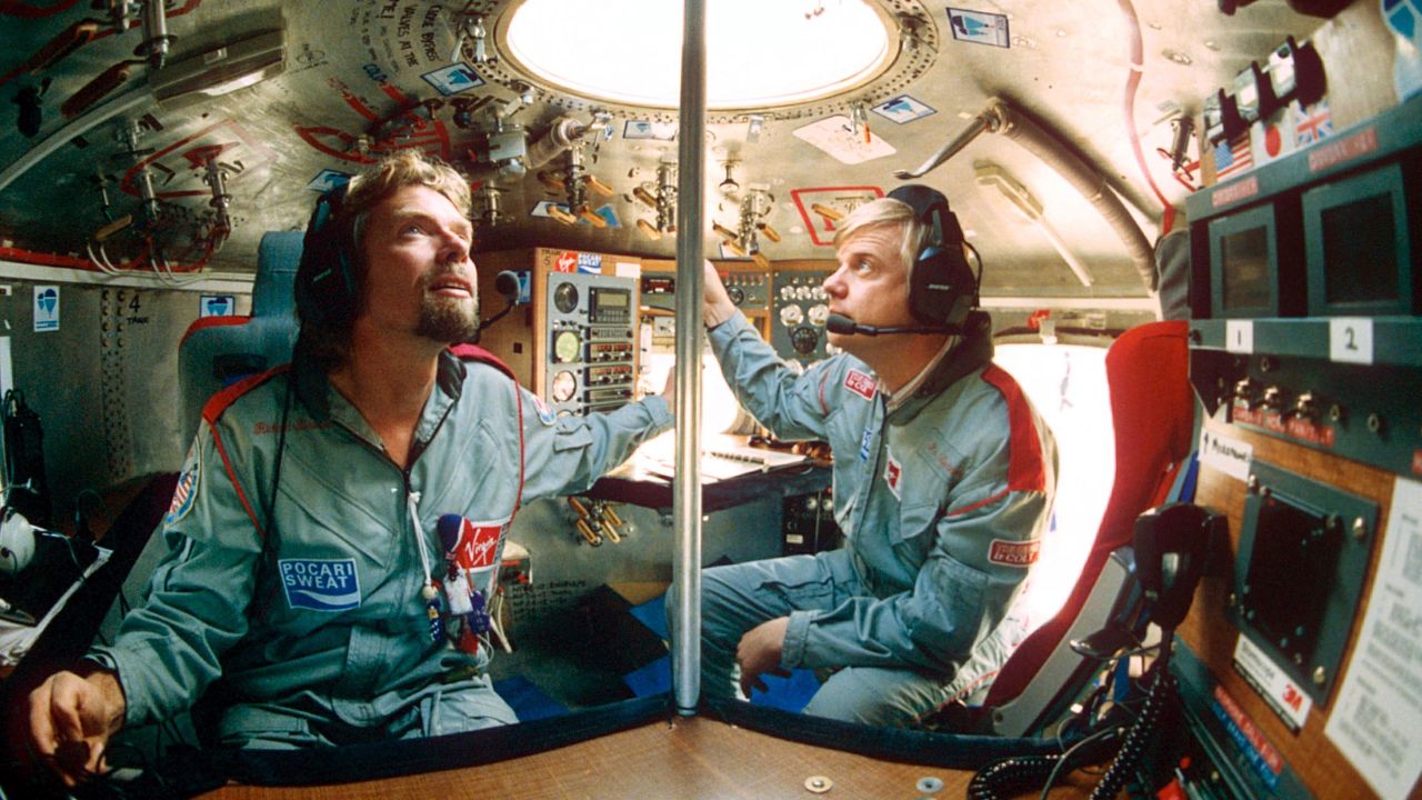 Richard Branson and Per Lindstrand in the balloon capsule before launch in Japan, 1991