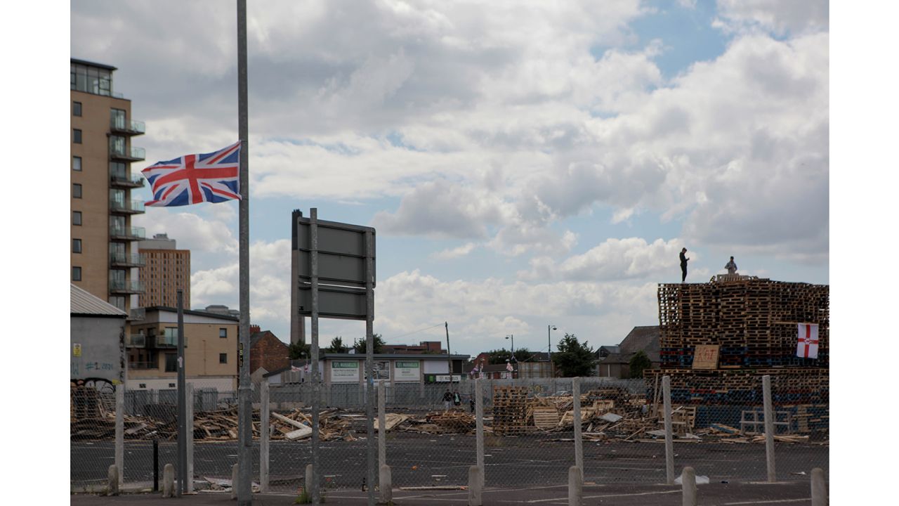 A bonfire in central Belfast is prepared ahead of the Eleventh Night, a loyalist tradition to commemorate the victory of Protestant King William of Orange over Catholic King James II in 1690. The bonfires are upheld as an important part of unionist culture, but are viewed as provocative to some members of the Catholic nationalist community.