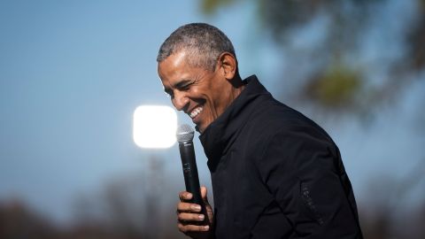 Former President Barack Obama speaks during a campaign rally On October 31, 2020, at Northwestern High School in Flint, Michigan.