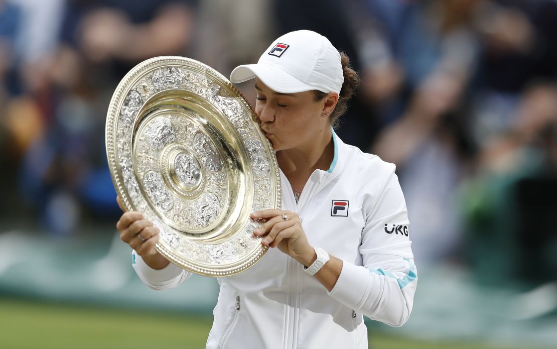 Ashleigh Barty kisses the Venus Rosewater Dish trophy after winning her first Wimbledon single's title. 