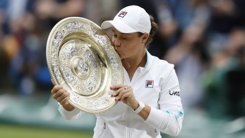Ashleigh Barty kisses the Venus Rosewater Dish trophy after winning her first Wimbledon single's title. 