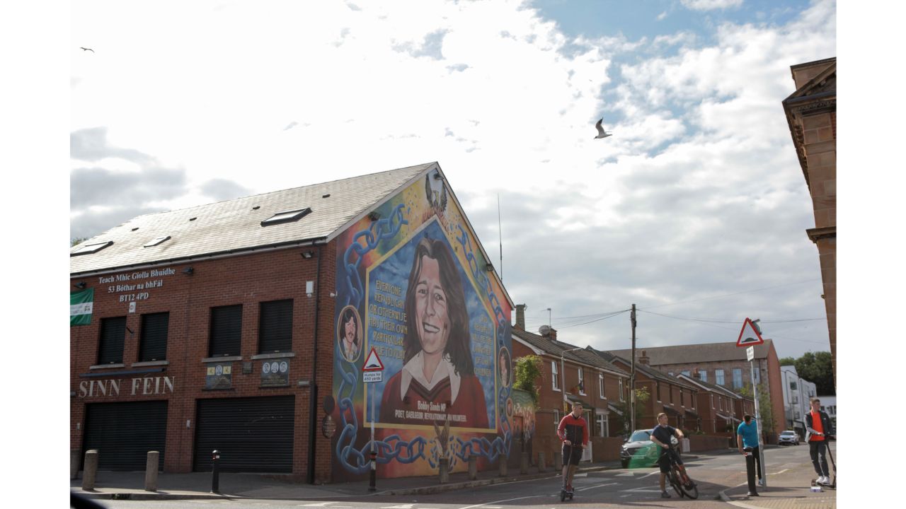 A mural of the republican icon and hunger striker Bobby Sands is painted on the Sinn Féin office in west Belfast.