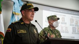 Major General of Colombia's Police Jorge Luis Vargas (Speaking) and Colombia's army General Luis Fernando Navarro (Right) during a press conference broadcasted live amidst the participation of Colombians in the murder of Haitian President Jovenel Moise, in Bogota, Colombia on July 9, 2021. General Jorge Luis Vargas, the head of the national police, said that Colombian officials were investigating four businesses that they believed had recruited individuals for the operation, and they were using the businesses? Colombian tax numbers to learn more. Photo by Chepa Beltran/Long Visual Press/Abaca/Sipa USA
