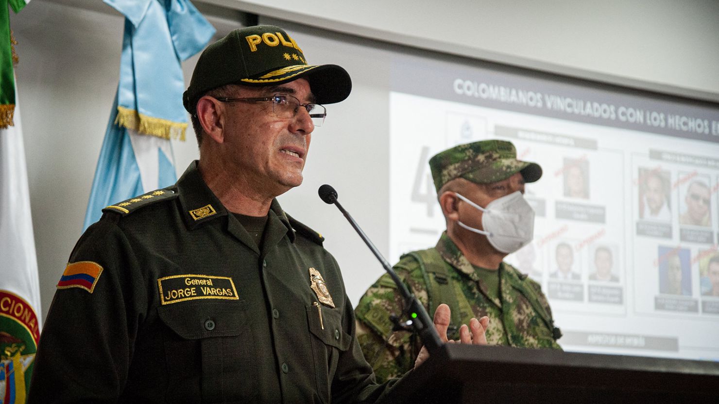 Colombian National Police Chief General Jorge Vargas, left, and Army General Luis Fernando Navarro give a news conference in Bogota, Colombia on July 9 regarding the assassination of Haiti's President.