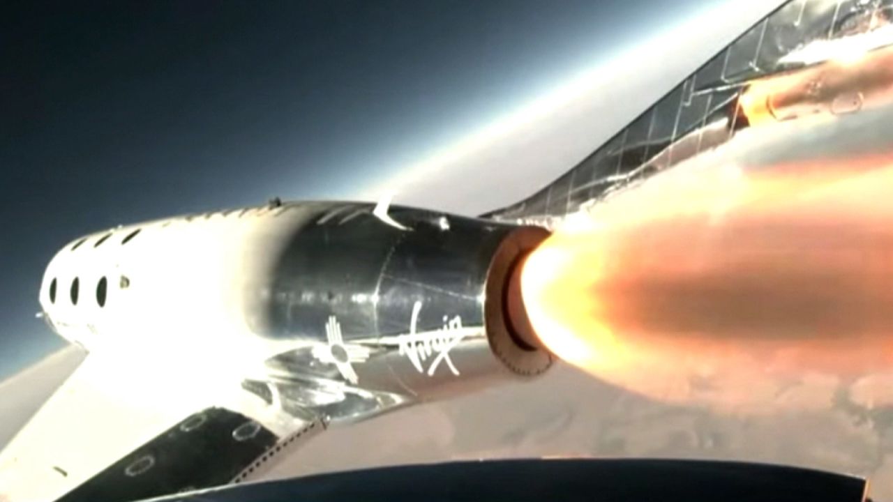 Virgin Galactic spaceplane VSS Unity rockets to outer space, with Richard Branson and crew onboard.