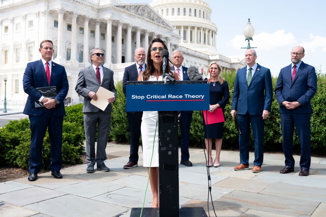 US Rep. Lauren Boebert speaks at a press conference about banning federal funding for the teaching of critical race theory on May 12, 2021, in Washington.