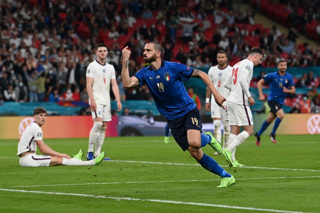 Leonardo Bonucci celebrates after scoring Italy's equalizer.