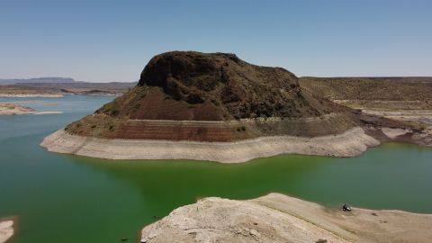 Water-level lines, unveiled by years of drought, are seen on the rocks of the Elephant Butte Reservoir in Truth or Consequences, New Mexico, on July 9.