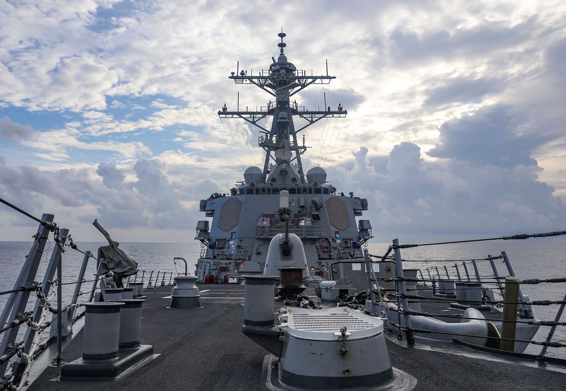 The guided-missile destroyer USS Benfold steams through the South China Sea on Monday, July 12.