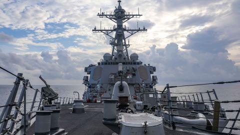 The guided-missile destroyer USS Benfold steams through the South China Sea on Monday, July 12.