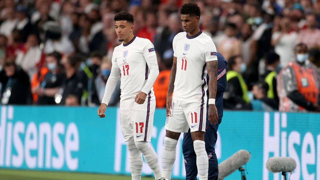 England's Jadon Sancho and Marcus Rashford get ready to come onto the pitch during the Euro 2020 final between England and Italy.