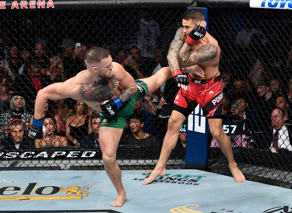McGregor kicks Poirier during the UFC 264 event at T-Mobile Arena in Las Vegas, Nevada. 