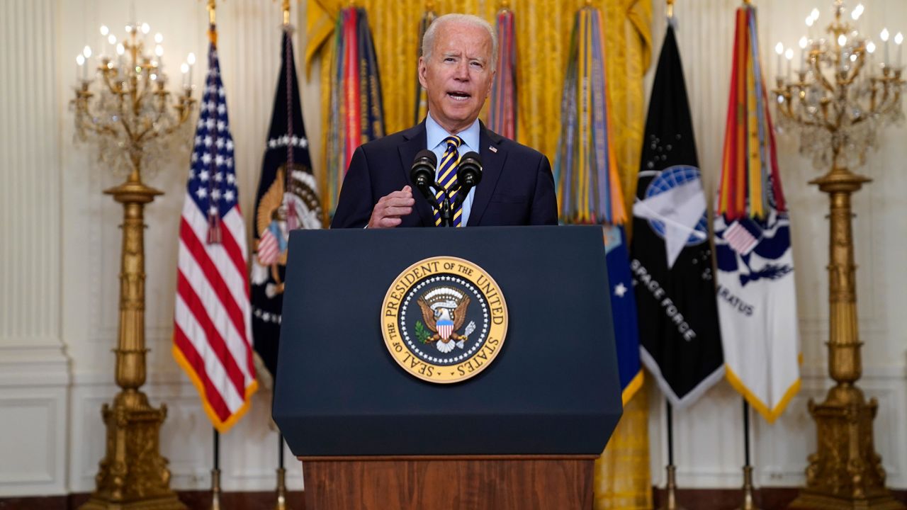 President Joe Biden speaks about the American troop withdrawal from Afghanistan, in the East Room of the White House, Thursday, July 8, 2021, in Washington. (AP Photo/Evan Vucci)