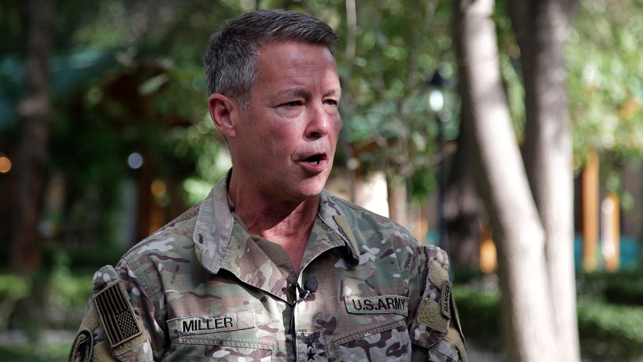 Army Gen. Austin S. Miller, the top US general in Afghanistan, speaks to journalists at the Resolute Support headquarters, in Kabul, Afghanistan, Tuesday, June 29, 2021.