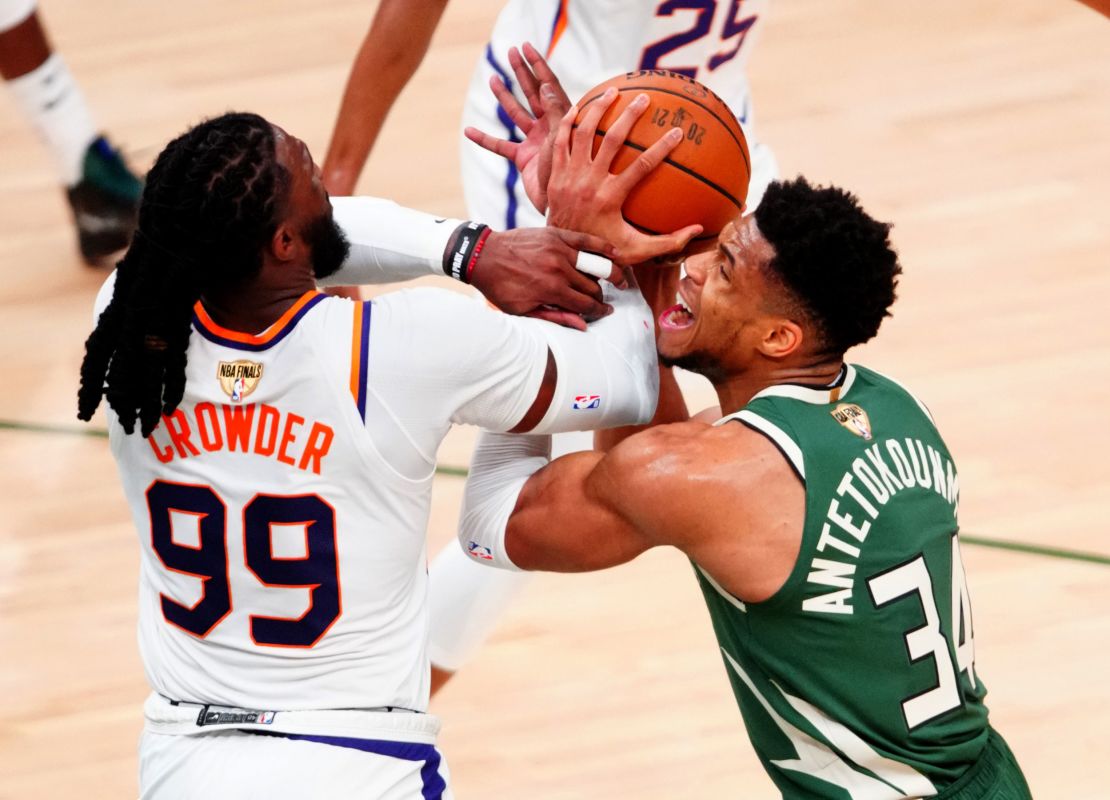 Antetokounmpo battles Phoenix Suns forward Jae Crowder during Game 3 of the NBA Finals.