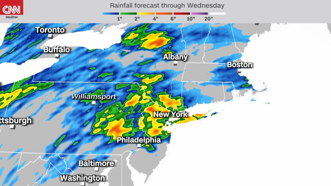 Up to 5 inches of rainfall is possible in some areas of the Northeast through Wednesday.