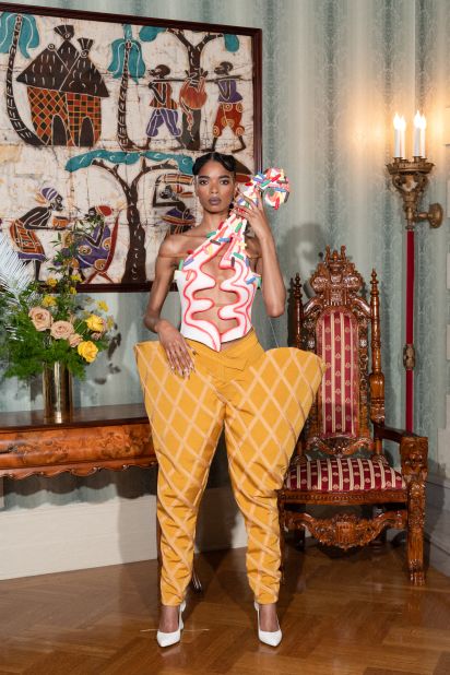 Pyer Moss reimagined an ice cream cone with dramatic cone chaps and a colorful cut-out top. 