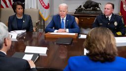 US President Joe Biden speaks during a meeting about reducing gun violence with local leaders from around the country, including Washington, DC, Mayor Muriel Bowser (L) and Chief Robert Tracy (R) of the Wilmington Police Department, in the Roosevelt Room of the White House in Washington, DC, July 12, 2021. 