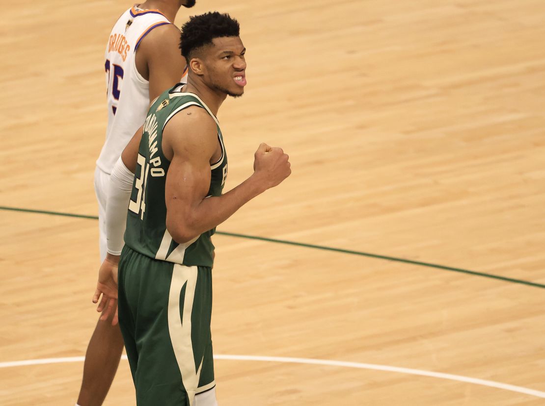 Antetokounmpo celebrates during the second half in Game 3 of the NBA Finals against the Phoenix Suns.