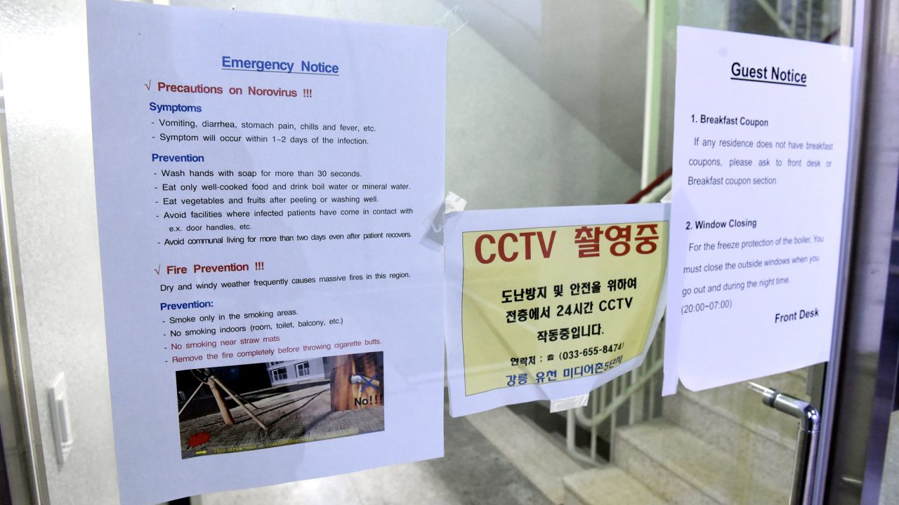 A norovirus precaution notice at the Pyeongchang Winter Olympics on February 6, 2018.