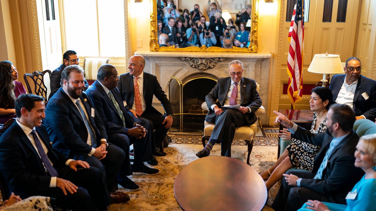 Senate Majority Leader Chuck Schumer (D-NY) meets with Democratic members of the Texas State Legislature in the U.S. Capitol Building on Tuesday, July 13, 2021. 