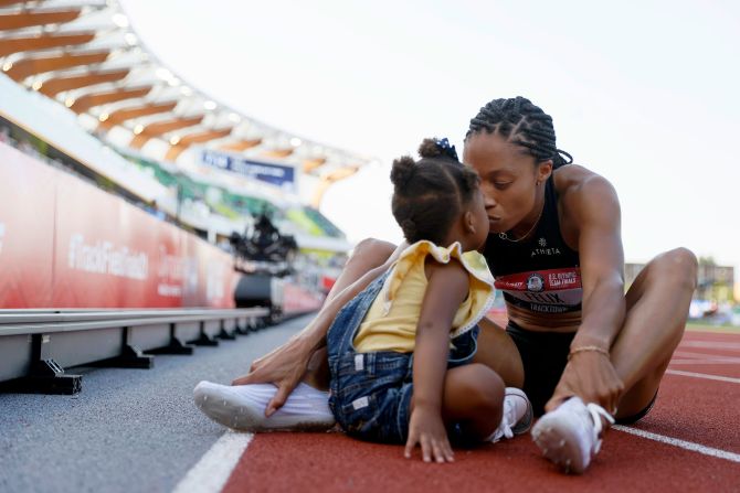 <strong>Allyson Felix (United States):</strong> Felix kisses her daughter, Camryn, at the US Olympic trials in June. Felix, 35, is the only female track-and-field athlete to win six Olympic gold medals, and she also has three silvers. If she wins a medal in Tokyo, she would stand alone as the most decorated female track star in Olympic history. Over the past few years, <a href="index.php?page=&url=https%3A%2F%2Fwww.cnn.com%2F2021%2F06%2F19%2Fsport%2Fallyson-felix-road-to-tokyo-cmd-spt-intl%2Findex.html" target="_blank">Felix has been an advocate for change,</a> whether it be taking part in Black Lives Matter protests or standing up for maternal protections in contracts. This is her fifth Olympic Games.