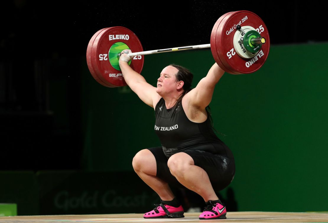 In this April 9, 2018 file photo, New Zealand's Laurel Hubbard lifts in the snatch of the women's +90kg weightlifting final at the 2018 Commonwealth Games on the Gold Coast, Australia.