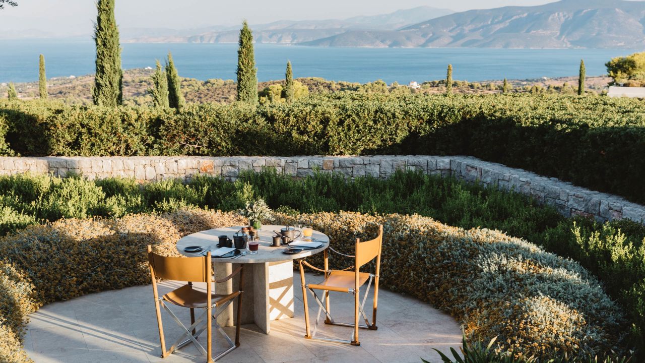 Amanzoe overlooks the shimmering blues of the Aegean Sea.