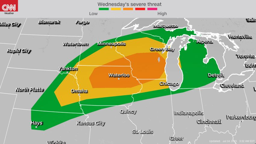 Storm Prediction Center's severe weather outlook in the Midwest Wednesday into Wednesday night.