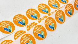 Stickers are given out after receiving the Johnson & Johnson's Janssen one-dose COVID-19 vaccine on Tuesday, March 23, 2021.