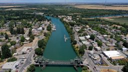 WALNUT GROVE, CA - JUNE 24: A view of the Walnut Grove Bridge and the Sacramento River are seen from this drone view in Walnut Grove, Calif., on Thursday, June 24, 2021.