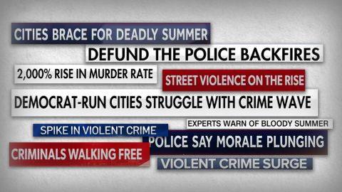Collage of chyrons showing headlines about a rise in crime across the country