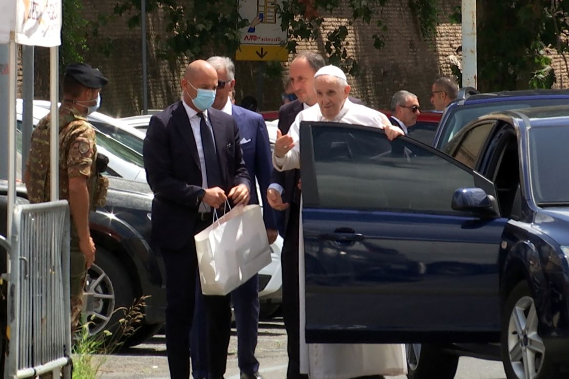 Pope Francis is seen after being discharged from Rome's Gemelli University Hospital.