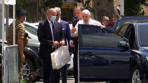 Pope Francis is seen after being discharged from Rome's Gemelli University Hospital.