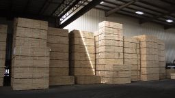 Lumber boards stacked at the Charles Ingram Lumber Company warehouse in Effingham, South Carolina, U.S., on Monday, May 10, 2021.?Over the past year, new home-building has reached a nearly 15-year high, fueling extraordinary demand for building materials as lumber producers began quickly exhausted inventories, sending futures prices surging to?new records. 