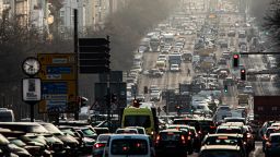 The morning rush hour on the street Bismarckstrasse is pictured during morning light on February 25, 2021 in Berlin, Germany. (Photo by Florian Gaertner/Photothek via Getty Images)