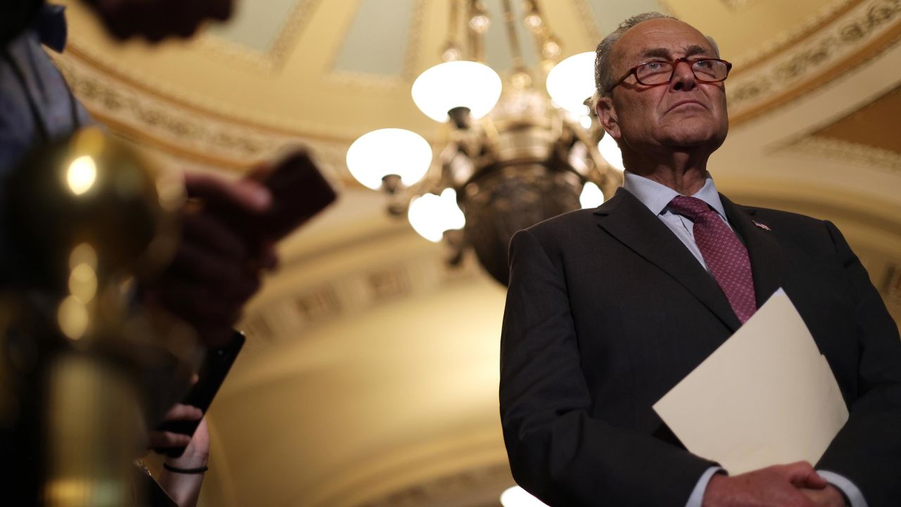 Senate Majority Leader Sen. Chuck Schumer (D-NY) listens during a news briefing after a Senate Democratic Policy Luncheon at the U.S. Capitol July 13, 2021 in Washington, DC.