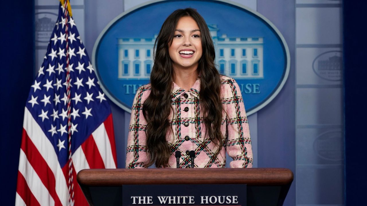 Teen pop star Olivia Rodrigo speaks at the beginning of the daily briefing at the White House in Washington, Wednesday, July 14, 2021. Rodrigo is at the White House to film a video to promote vaccines. 