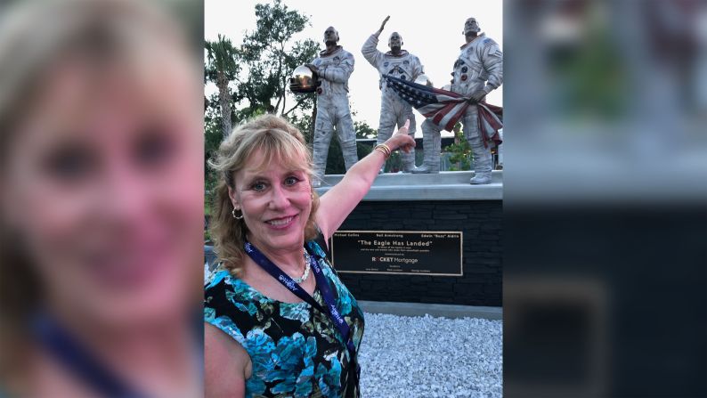 <strong>Jan Aldrin: </strong>Jan, pictured in front of a statue honoring her father and his Apollo 11 crewmates, manages the business of her husband, who is a composer for TV and film. Jan has one son and three grandsons.