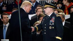 President Donald Trump shakes hands with Army Chief of Staff General Mark A. Milley during the 58th Presidential Inauguration parade for President Donald Trump in January 2017.