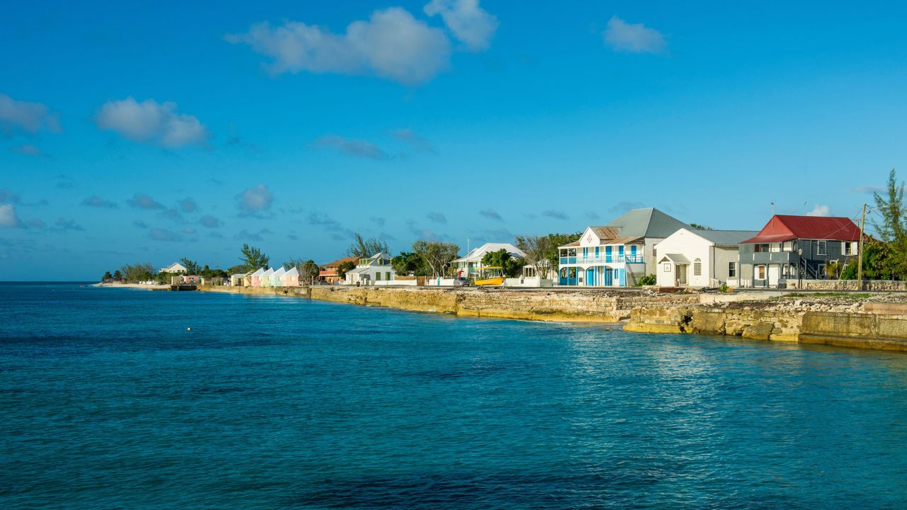 Colonial houses line the waterfront in Cockburn town, Grand Turk.