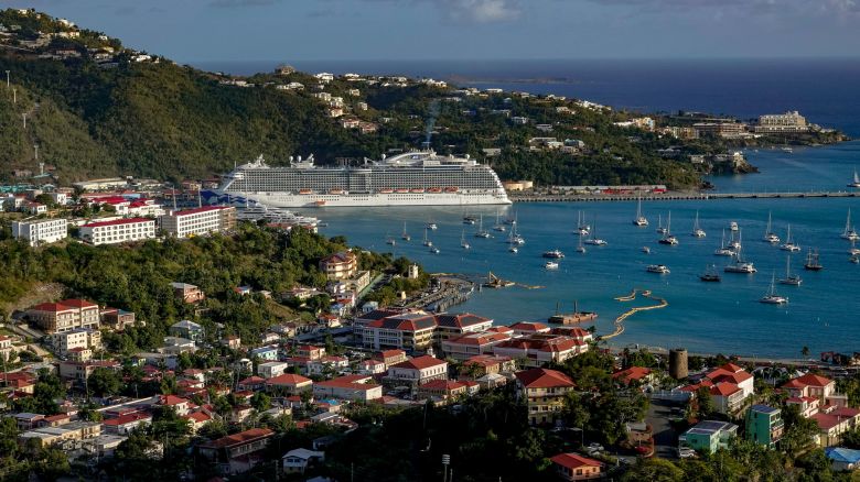 ST. THOMAS, U.S. VIRGIN ISLANDS - MARCH 6: A cruise ship in the port in St. Thomas, U.S. Virgin Islands on March 6, 2019. The island was damaged by back-to-back hurricanes in 2017 and while residents are still recovering, tourism is active. (Photo by Bonnie Jo Mount/The Washington Post via Getty Images)