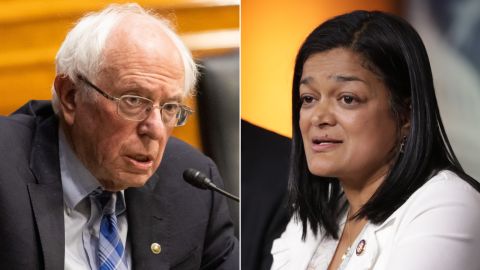 Senate Budget Chairman Bernie Sanders, a Vermont independent at left, and Progressive Caucus Chairwoman Pramila Jayapal, at right, a Washington state Democratic congresswoman. 