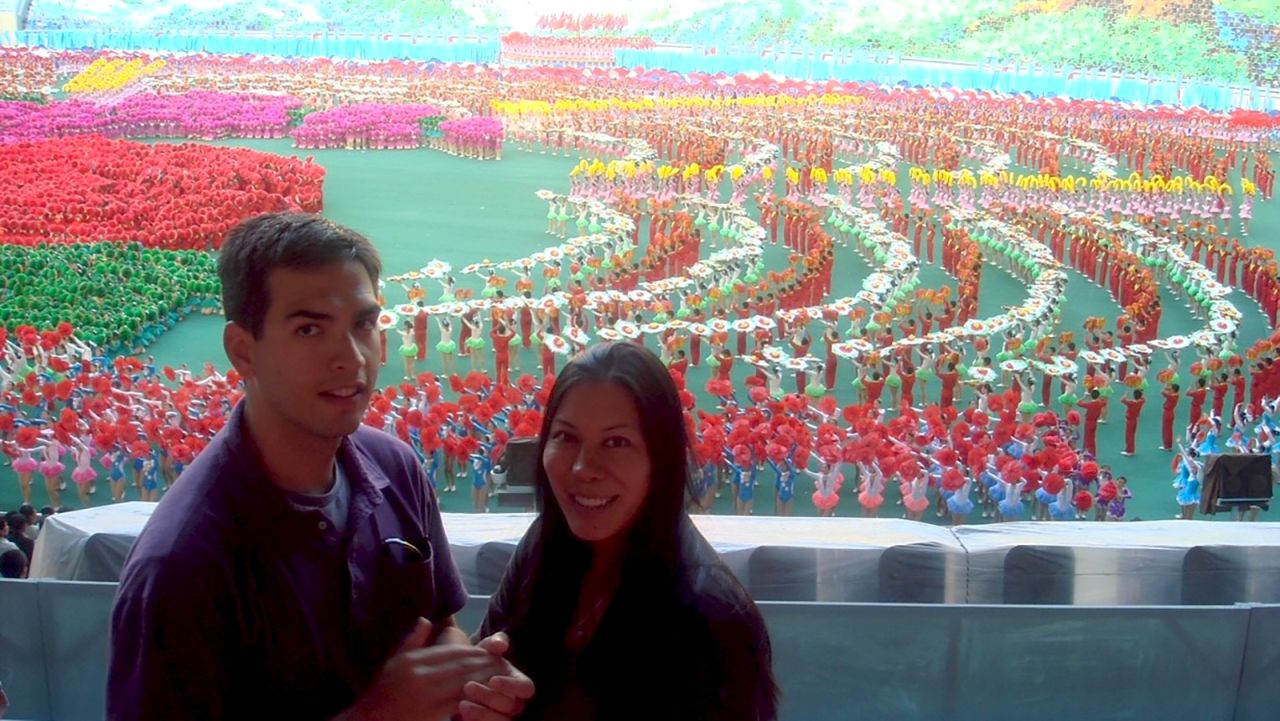 <strong>North Korea vacation: </strong>Carlson and Cheng met on an organized tour for American travelers to North Korea in 2005. Here they are pictured in the country in 2008, when they returned as part of their honeymoon.