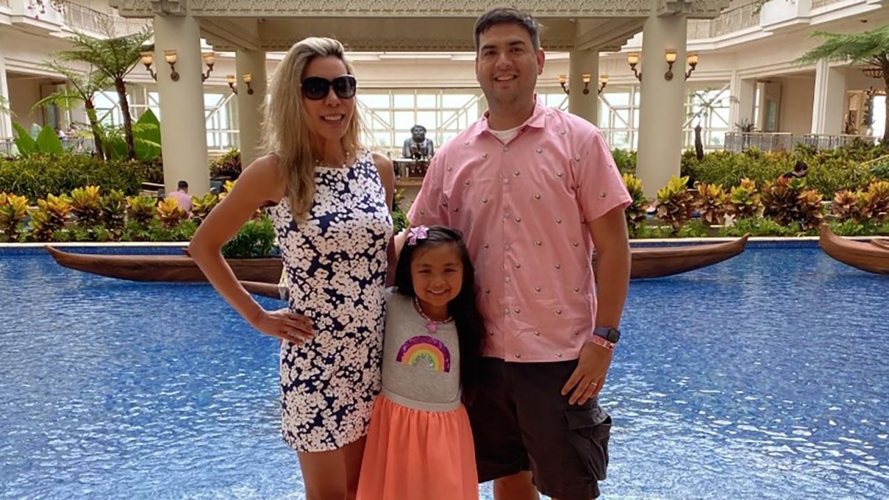 <strong>Trip to Maui:</strong> Cheng and Carlson welcomed a daughter, Céline, in August 2014. Here's the family on a 2021 trip to Hawaii. "Time moves so much quicker now with a child and the best way that we can find to slow it down and capture it, is to travel together," Carlson tells CNN Travel.