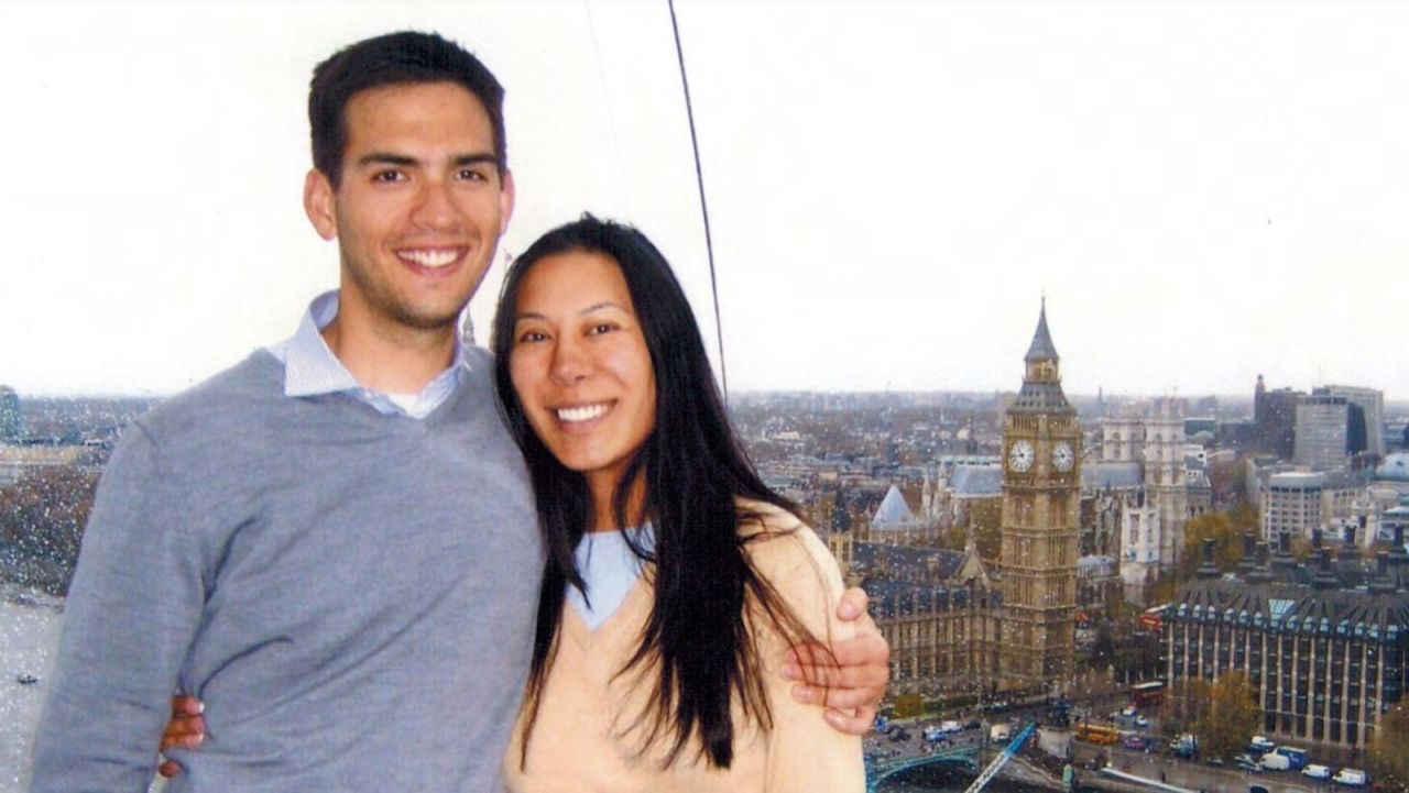 <strong>Globetrotting couple: </strong>Carlson and Cheng say their love of travel is what brought them together, and what keeps them together today. Here they are in London in 2008.