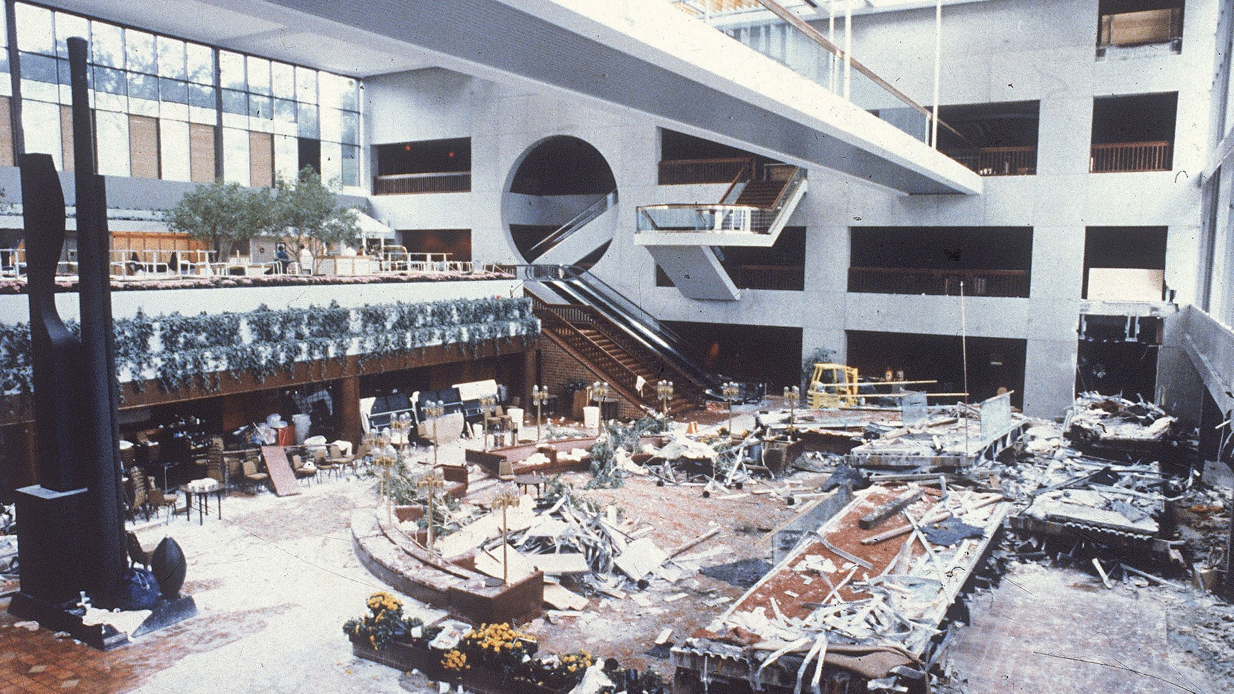 Two skywalks that spanned the second and fourth floors of the Hyatt Regency Hotel in Kansas City, Missouri, lie in ruins after collapsing on July 17, 1981.