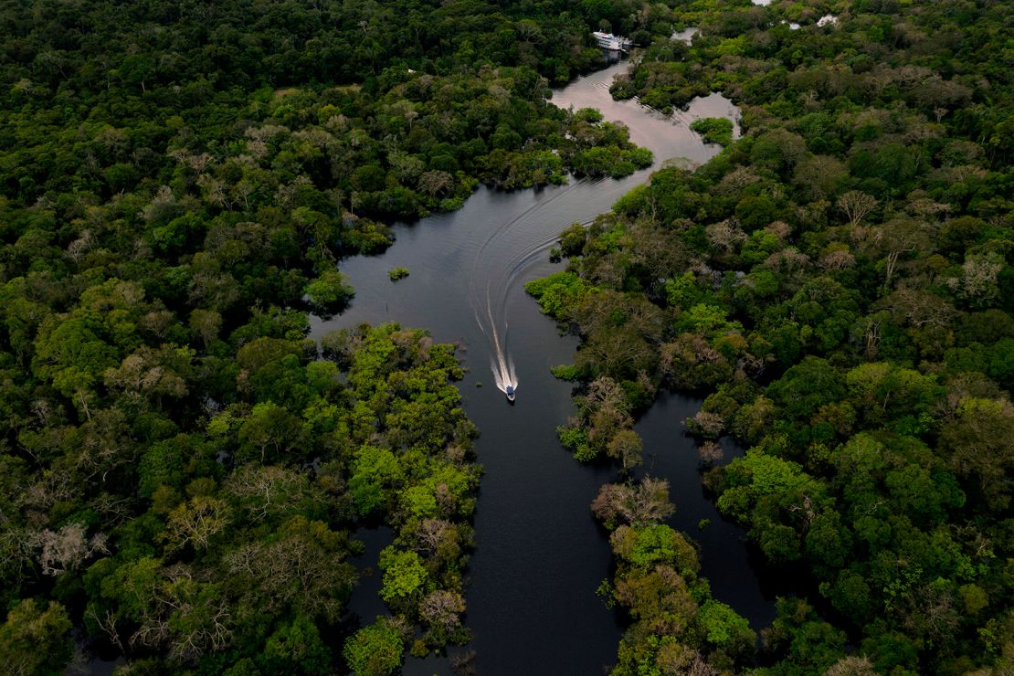 Aerial view showing a boat speeding on the Jurura river in the municipality of Carauari, in the heart of the Brazilian Amazon Forest, on March 15, 2020. 